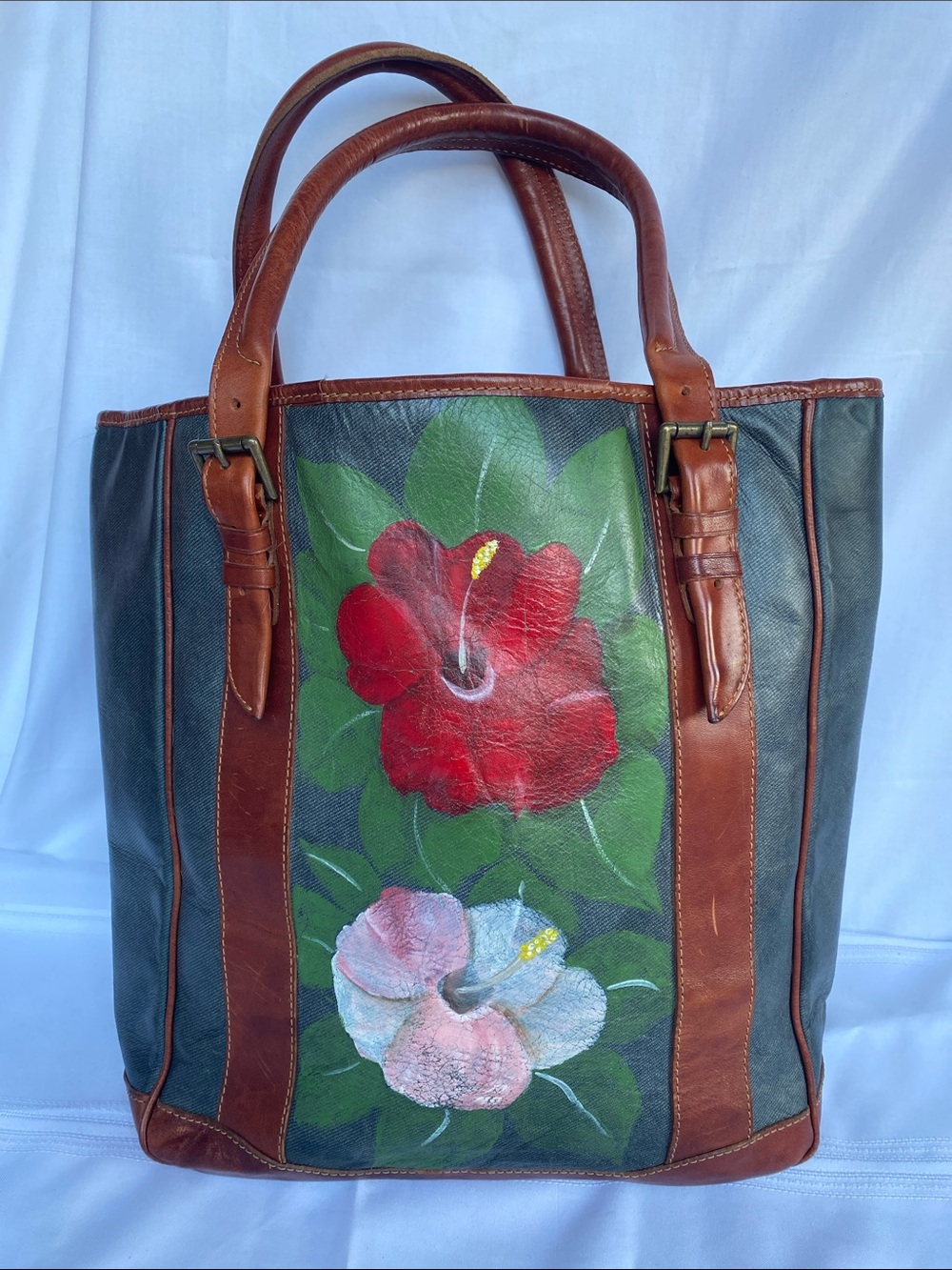 Vintage Day-Timer Hand-Painted Floral Leather Tote in Brown, Green & Red